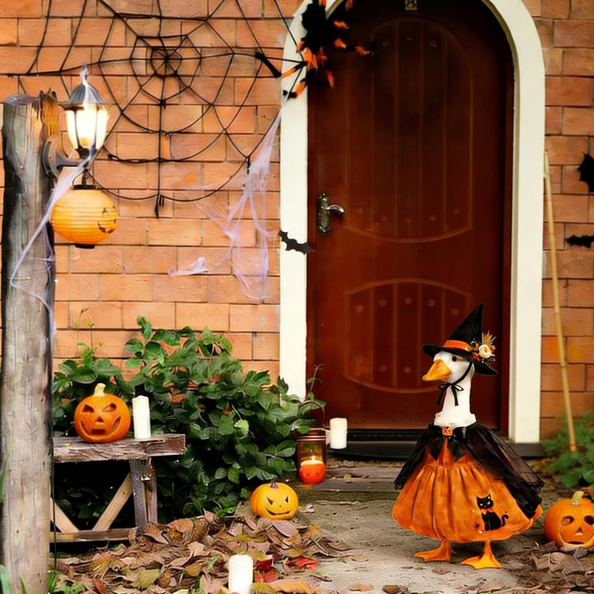 Mtsebmves Halloween porch goose outfit stands up to outdoor weather with vibrant colors.
