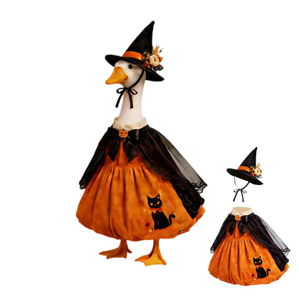 Mtsebmves Pumpkin Wizard porch goose hat adds festive Halloween charm to outdoor display.