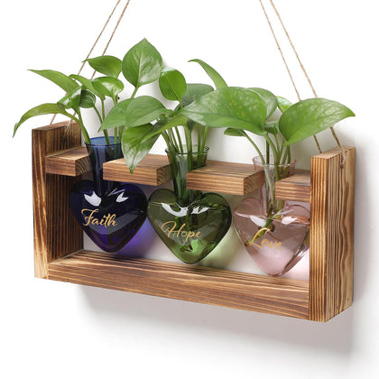 MTsigns heart-shaped terrarium glass vase with wooden stand ideal for office desk decor.