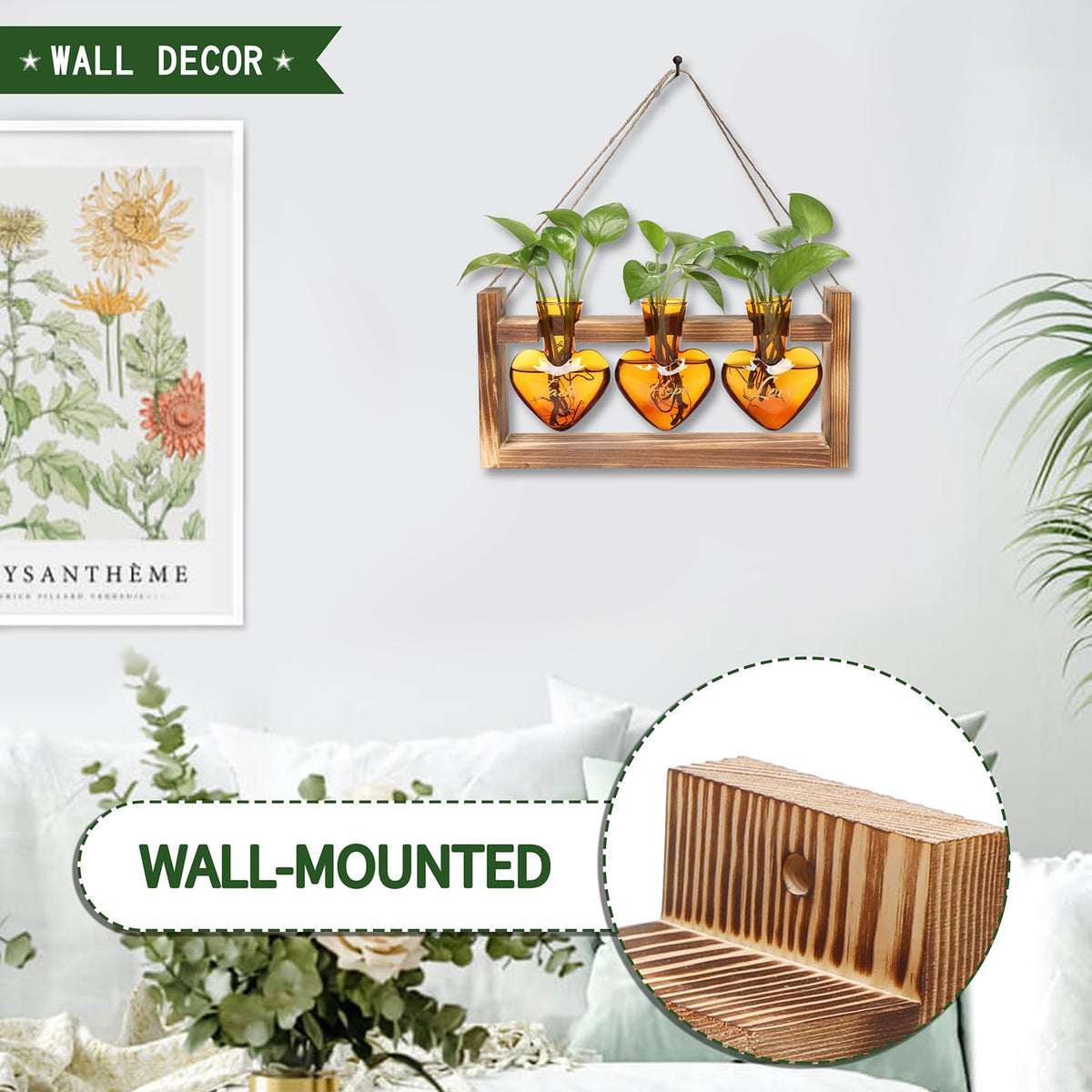 Wooden stand supports the heart vase for stylish desktop plant displays