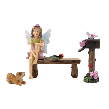 MUAMAX mailbox with miniature bench boosts whimsy in fairy garden.