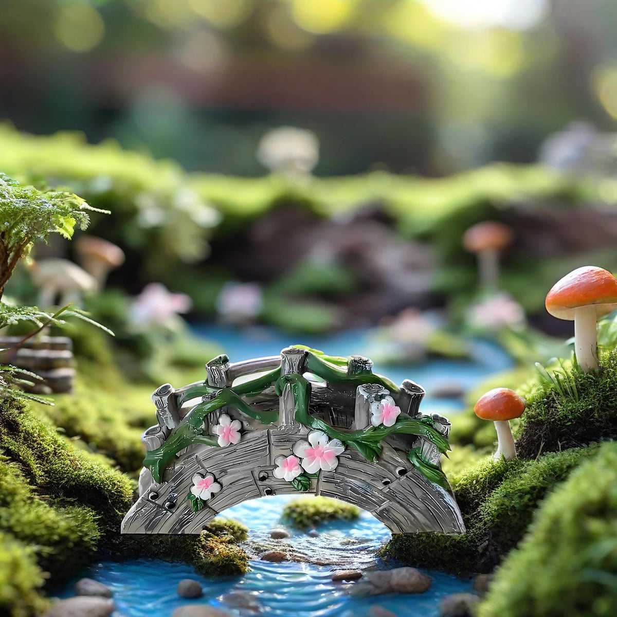 MUAMAX Miniature garden setup with arch bridge, sparks creative display ideas.