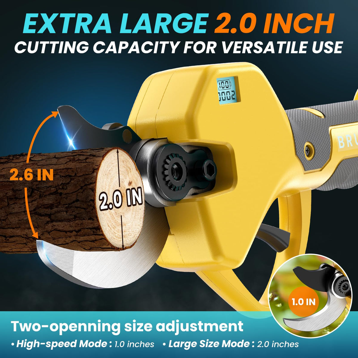 MuatCtarom pruning shears LCD display shows battery and cut count