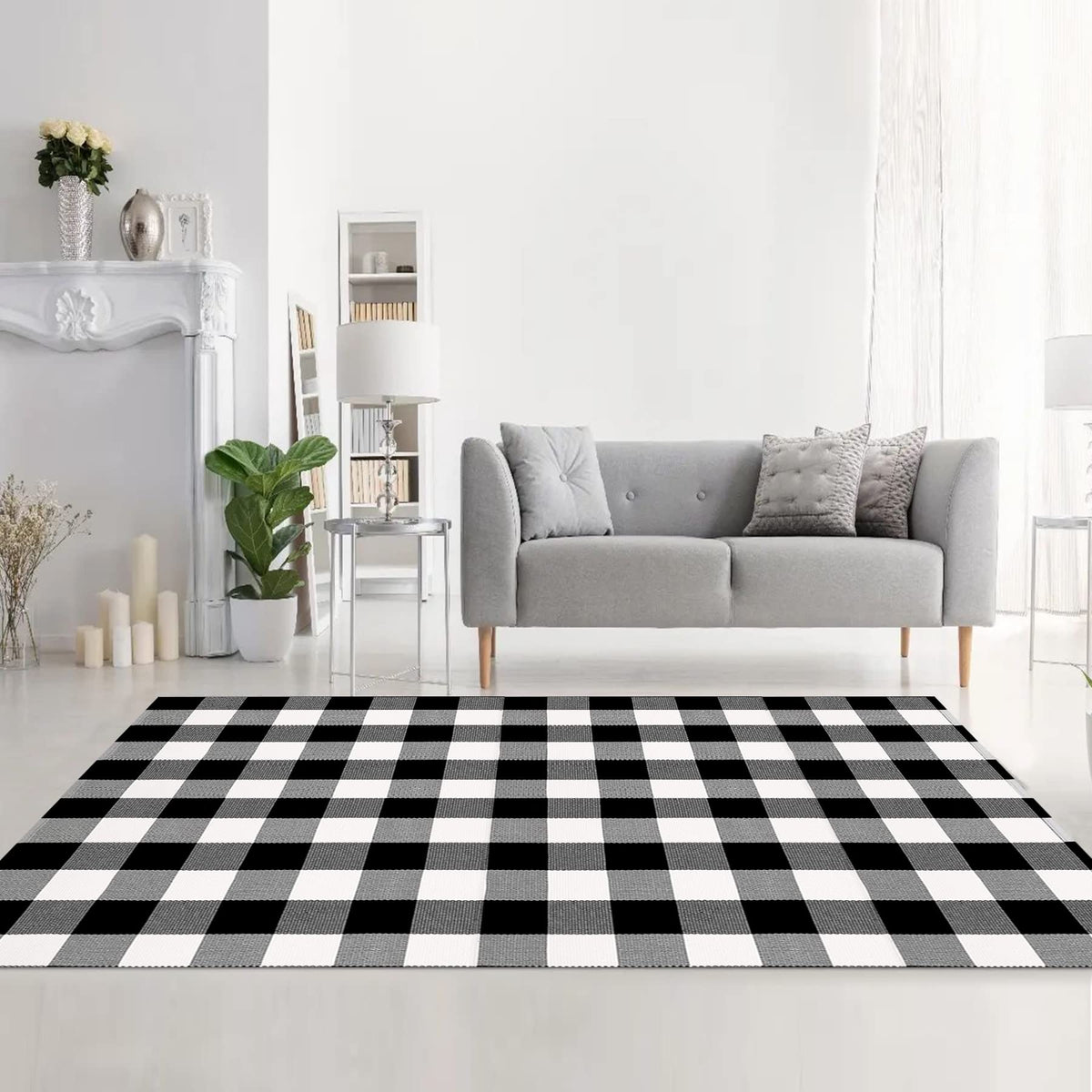MUBIN black and white plaid rug anchors dining room decor.