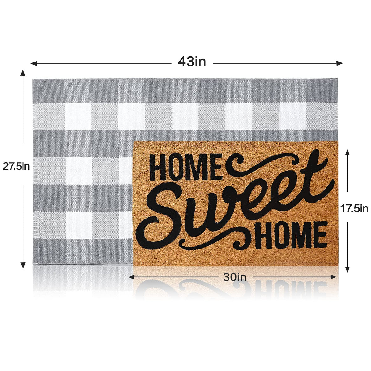 MUBIN buffalo plaid rug layered with Hello mat creates a polished entryway.