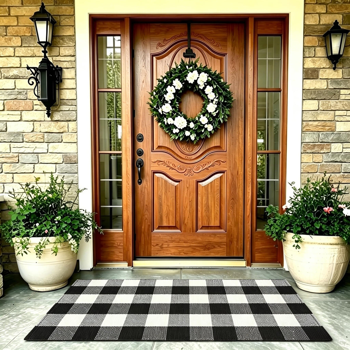 MUBIN buffalo plaid cotton rug at the front door adds durable warmth
