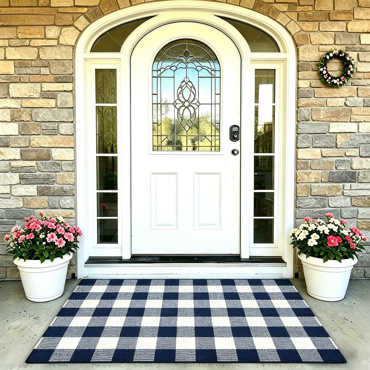 MUBIN buffalo plaid rug at the front door ready to welcome guests