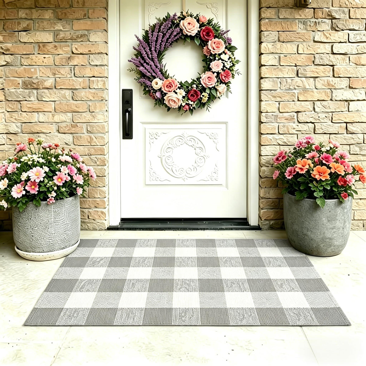 MUBIN buffalo plaid rug placed on a porch blends indoor comfort.