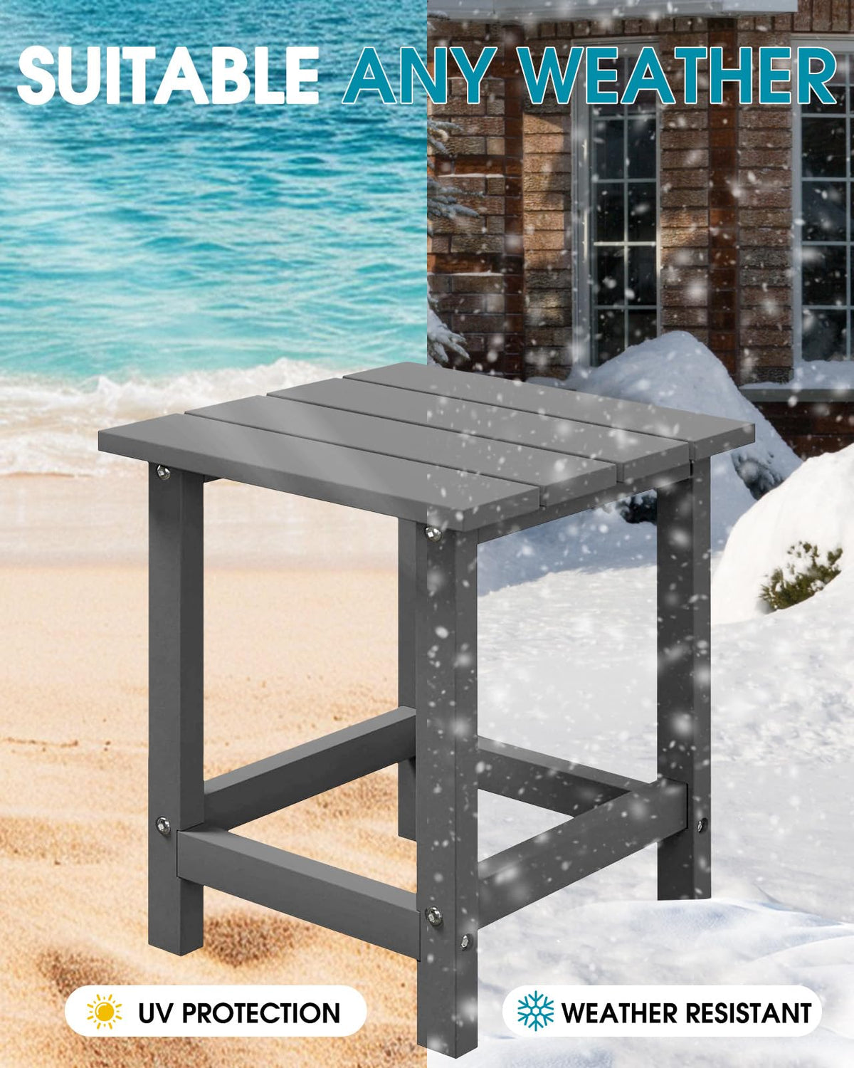Muchenghy Adirondack side table gray in a bright patio scene.