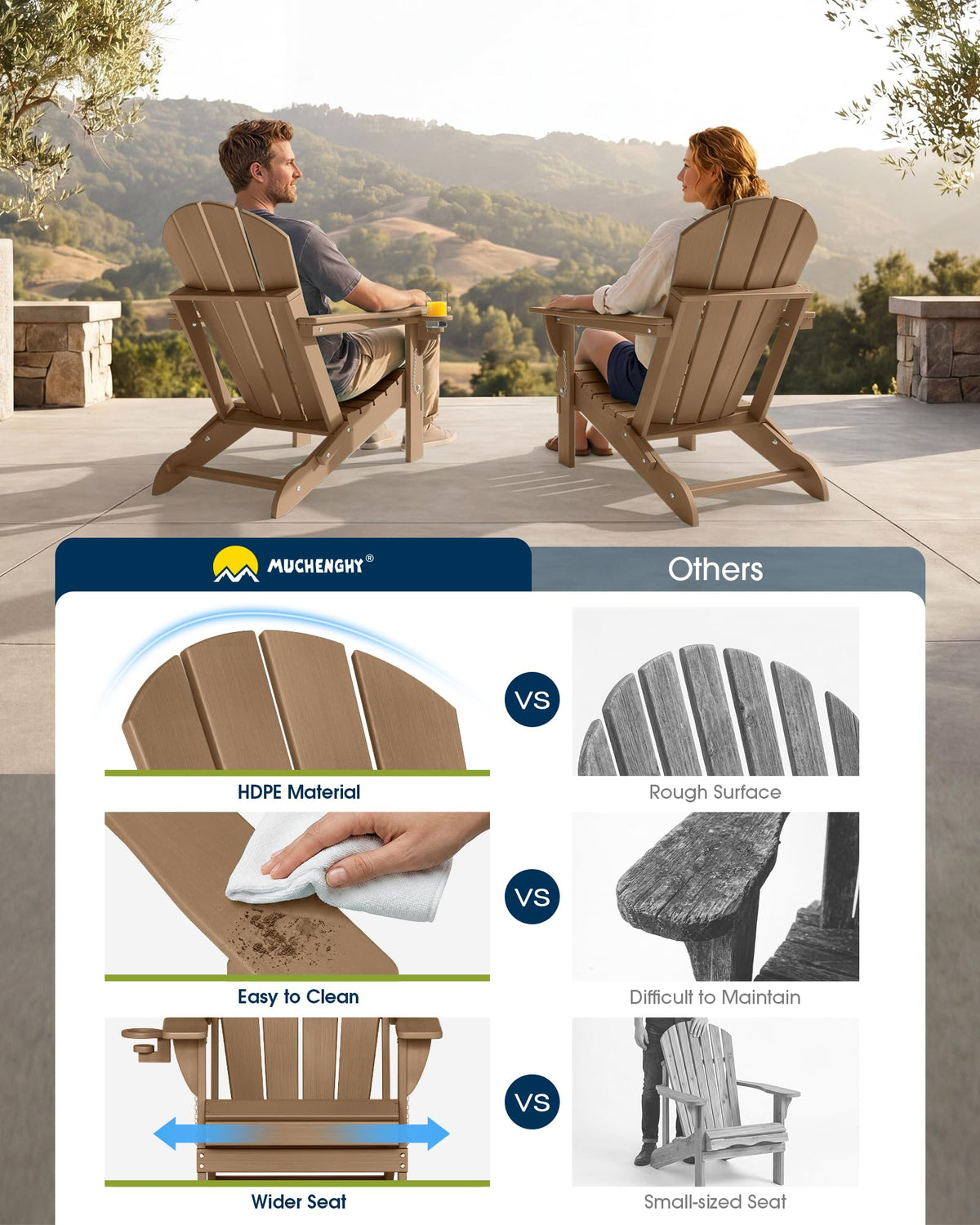 MUCHENGHY teak tone outdoor chair blends with decks.
