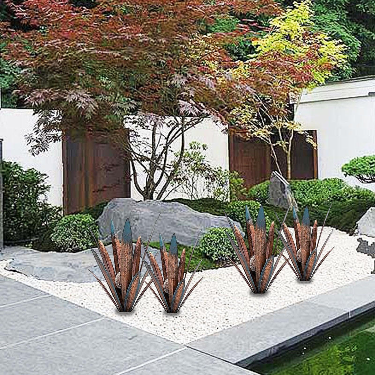 Muciwa agave sculpture patio display with warm metallic charm