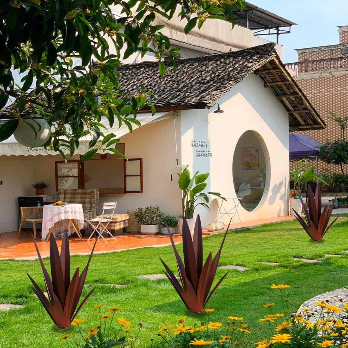 Muciwa agave sculpture red features weatherproof design for long-lasting outdoor display.