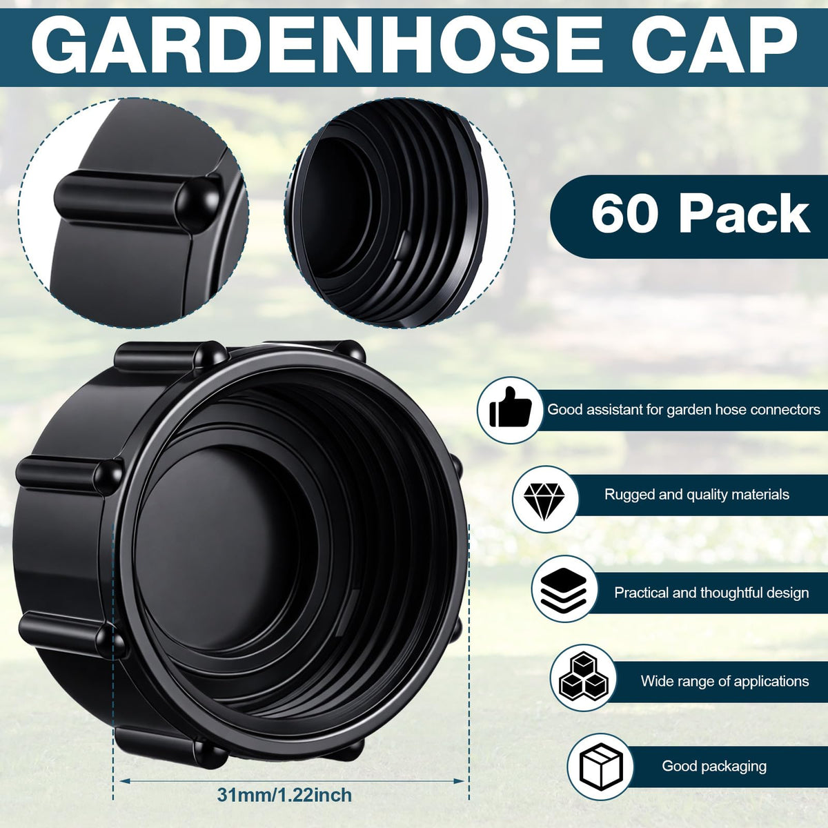 Mudder 3/4-inch GHT cap close-up showing thread design for leak prevention