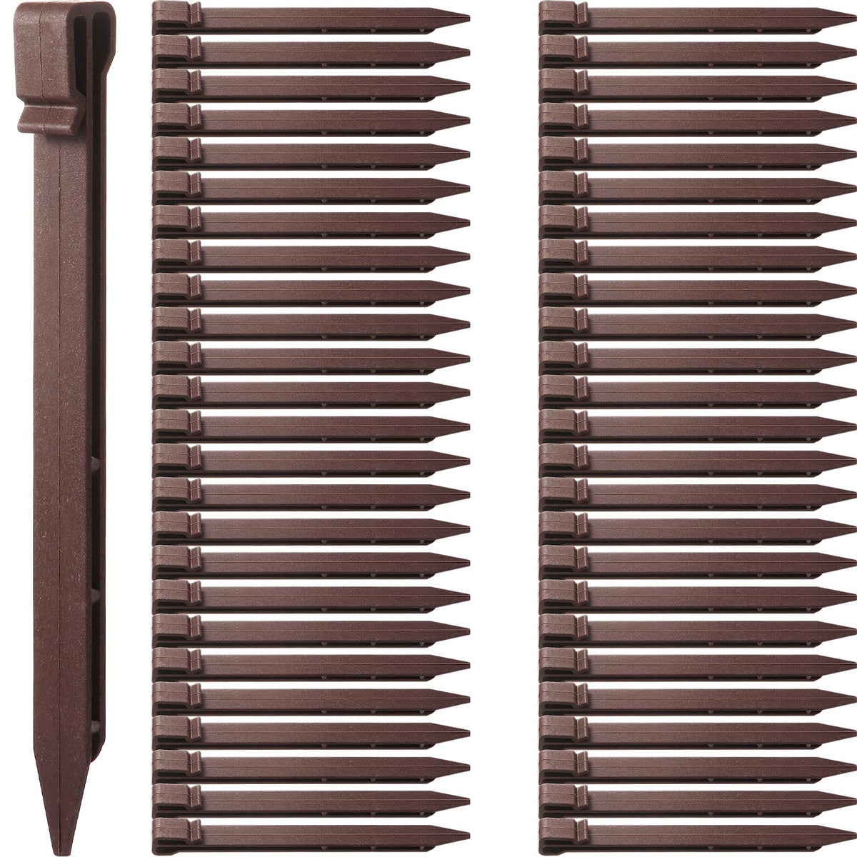 Mudder brown plastic ground stake for durable landscape edging and weed control.