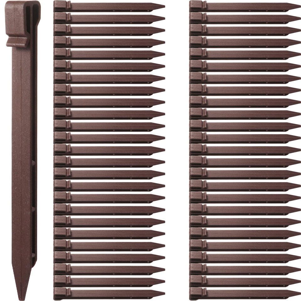 Mudder brown plastic ground stake for durable landscape edging and weed control.