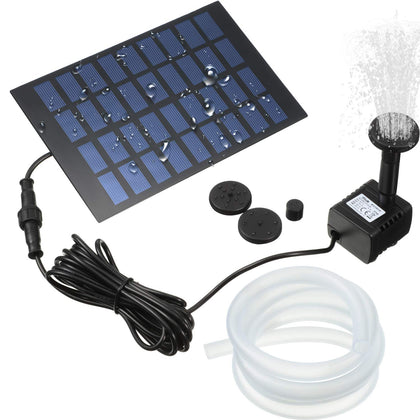 Mudder solar pump with four nozzles for varied fountain patterns.
