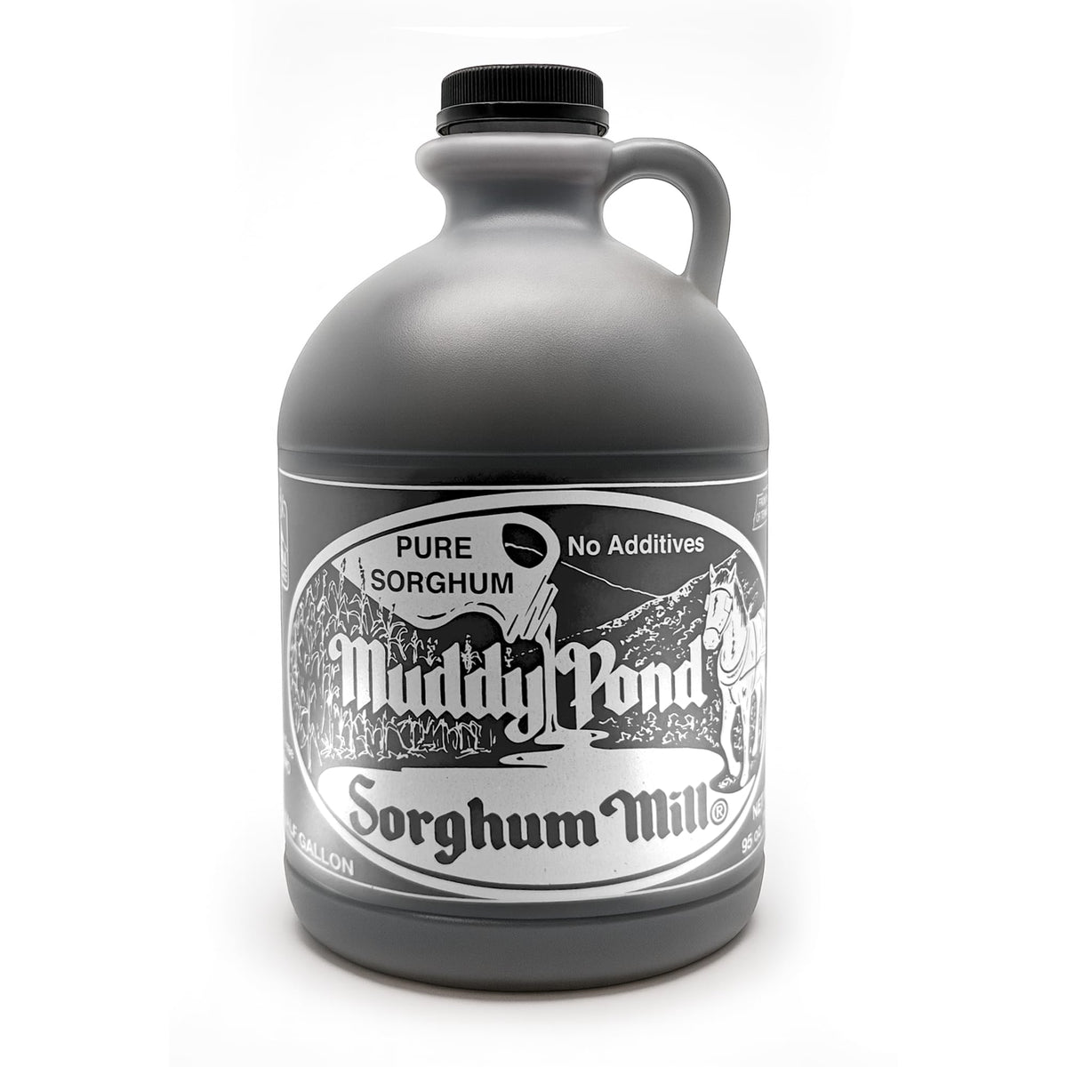 Muddy Pond Pure Sorghum bottle shows amber color and label detail, ideal for pantry use