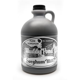 Muddy Pond Pure Sorghum bottle shows amber color and label detail, ideal for pantry use