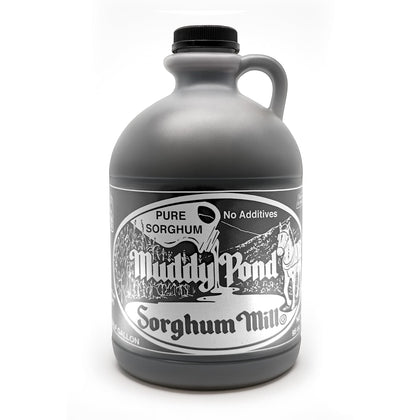 Muddy Pond Pure Sorghum bottle shows amber color and label detail, ideal for pantry use