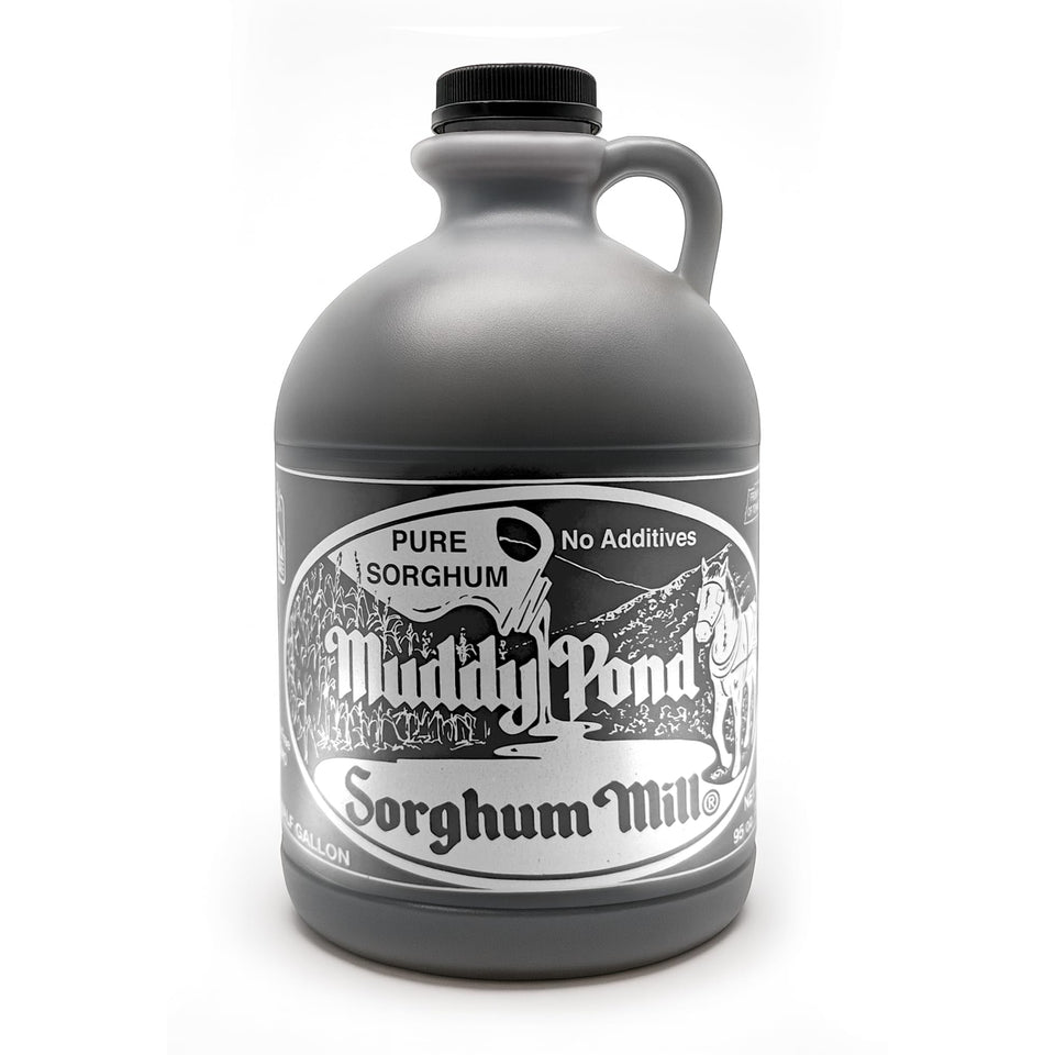 Muddy Pond Pure Sorghum bottle shows amber color and label detail, ideal for pantry use