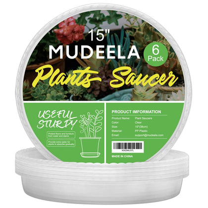 MUDEELA plant saucer top view shows 15-inch diameter for large pots.