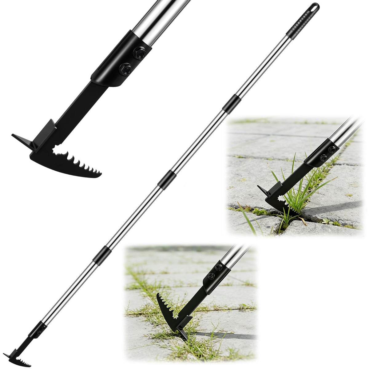 MUDEREK crack weeder with a long handle reaches narrow gaps for easy weed removal.