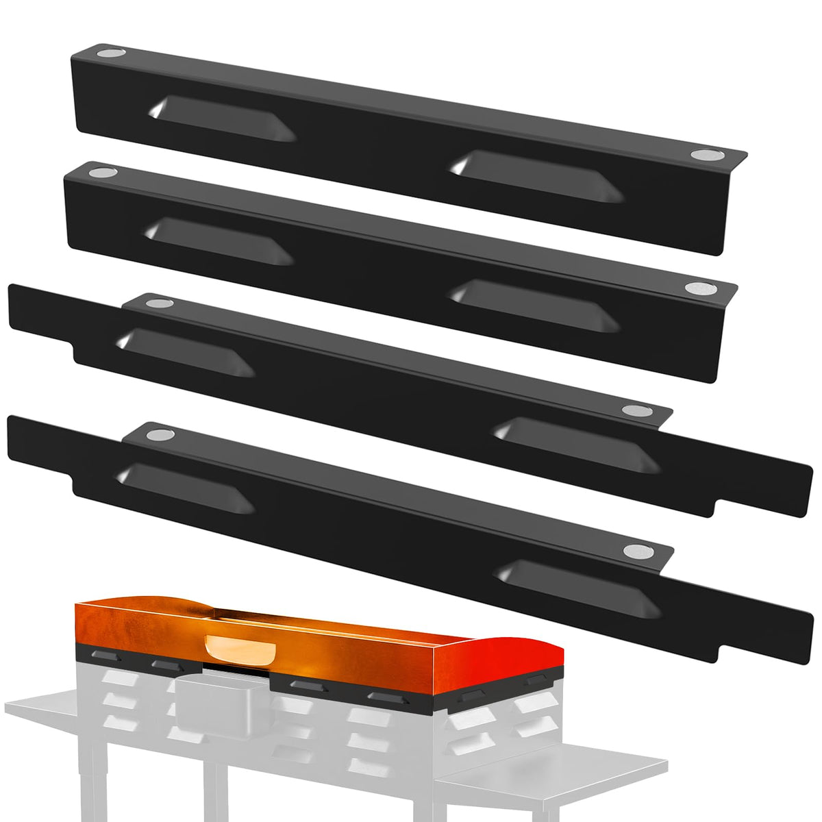 Mudvime magnetic wind guards front left on 28 inch griddle for steady heat outdoors