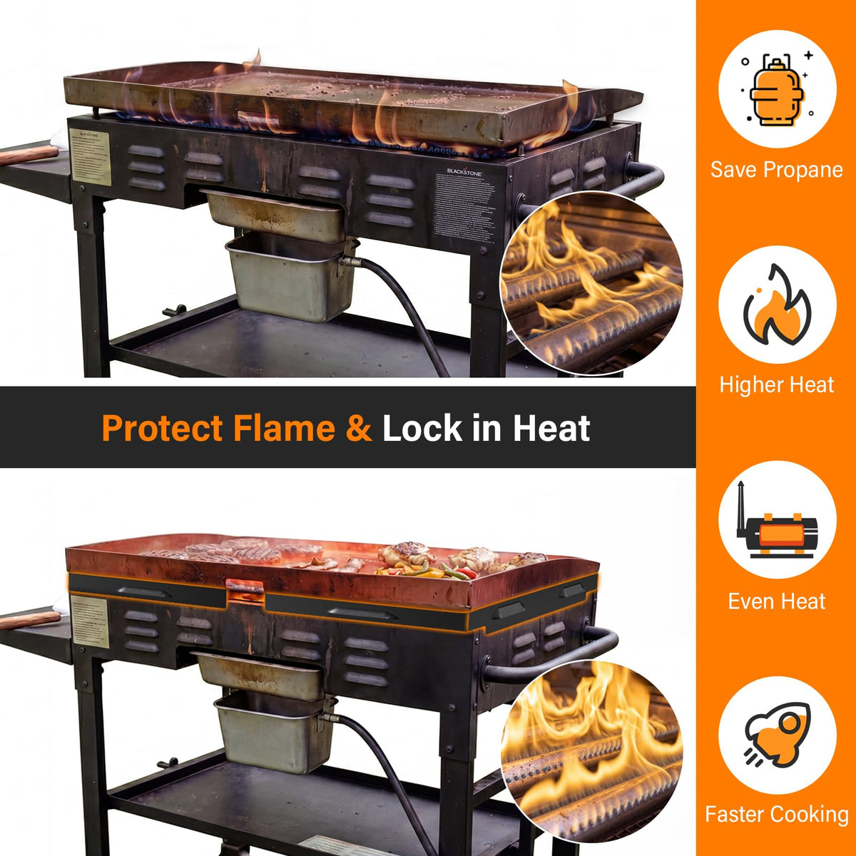 Mudvime wind guards mounted on a Blackstone 22-inch setup while cooking outdoors.