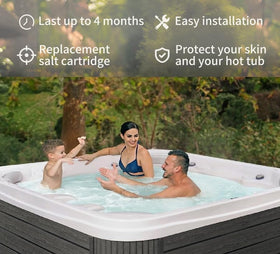 Mugloden Salt System cartridge in spa water demonstrating softened feel and comfort