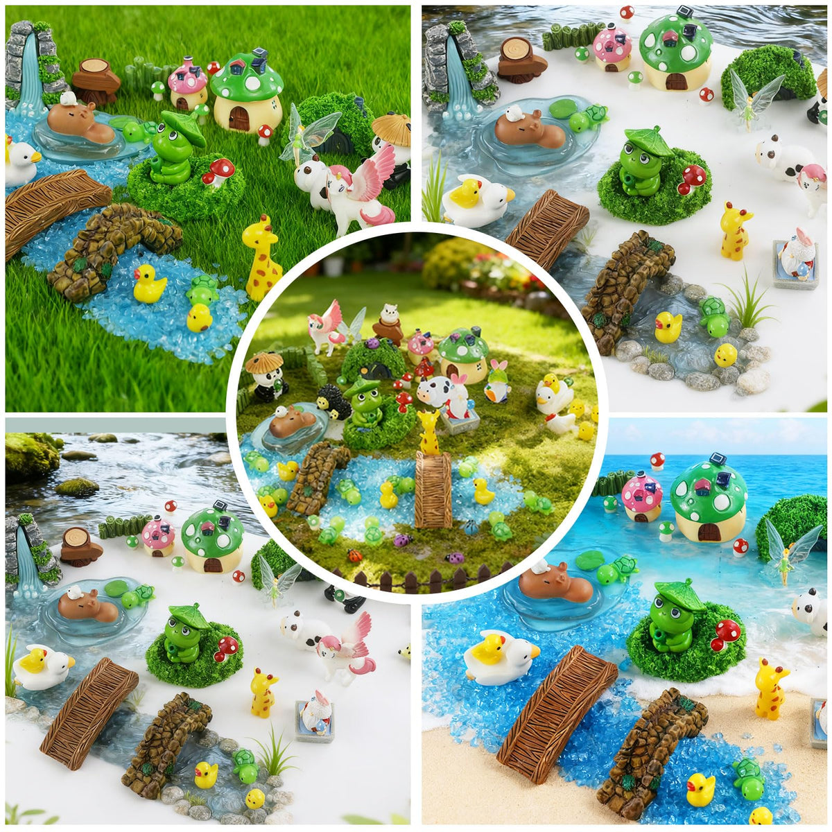MUJERWQ resin mushrooms provide colorful accents for displays.