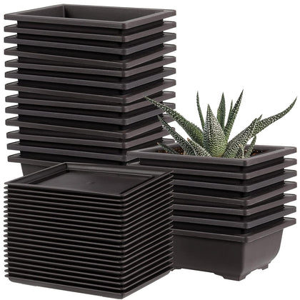MUKCHAP 20-pack bonsai pots with trays for drainage and mess-free placement.