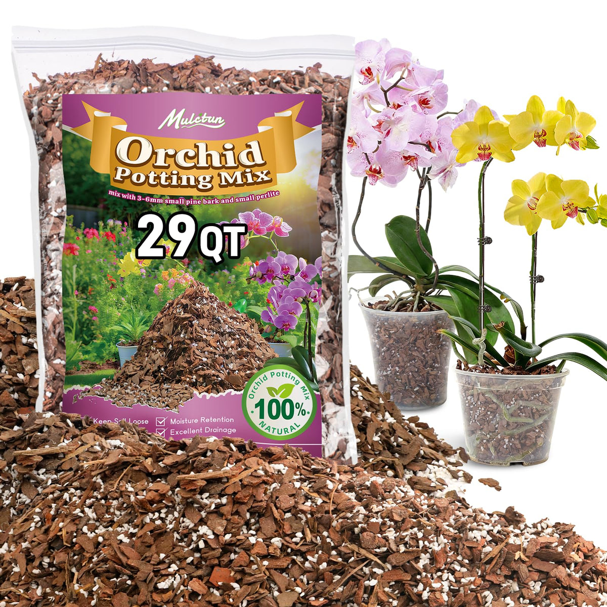 Mulctun Orchid Bark Potting Mix 29QT bag enhances drainage for healthier orchid roots.