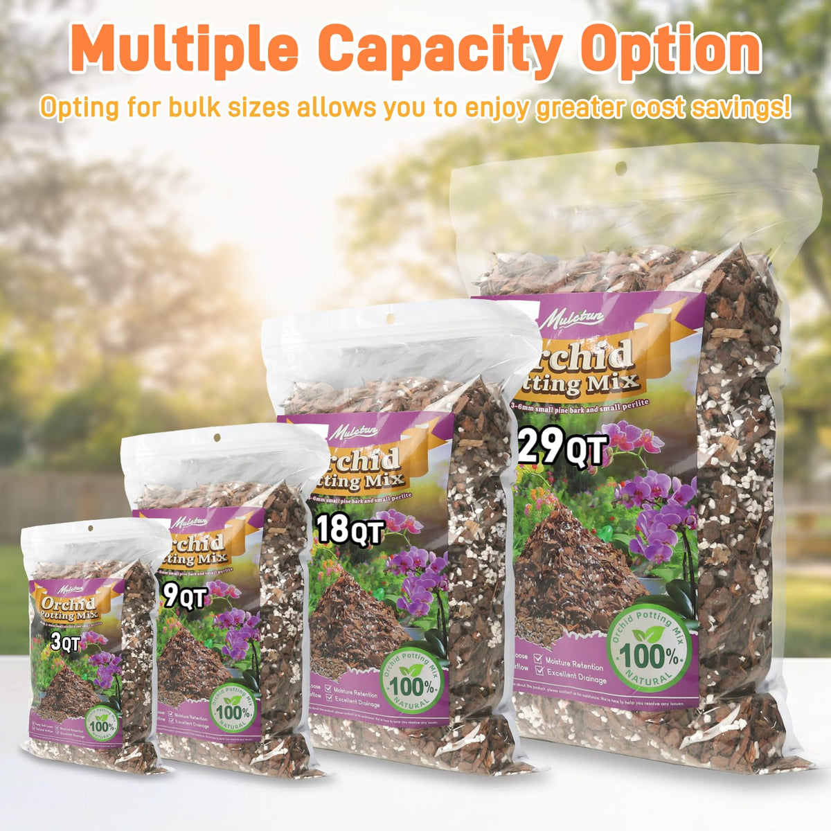 Mulctun Orchid Bark Potting Mix packaging with clear labeling for bulk orders.