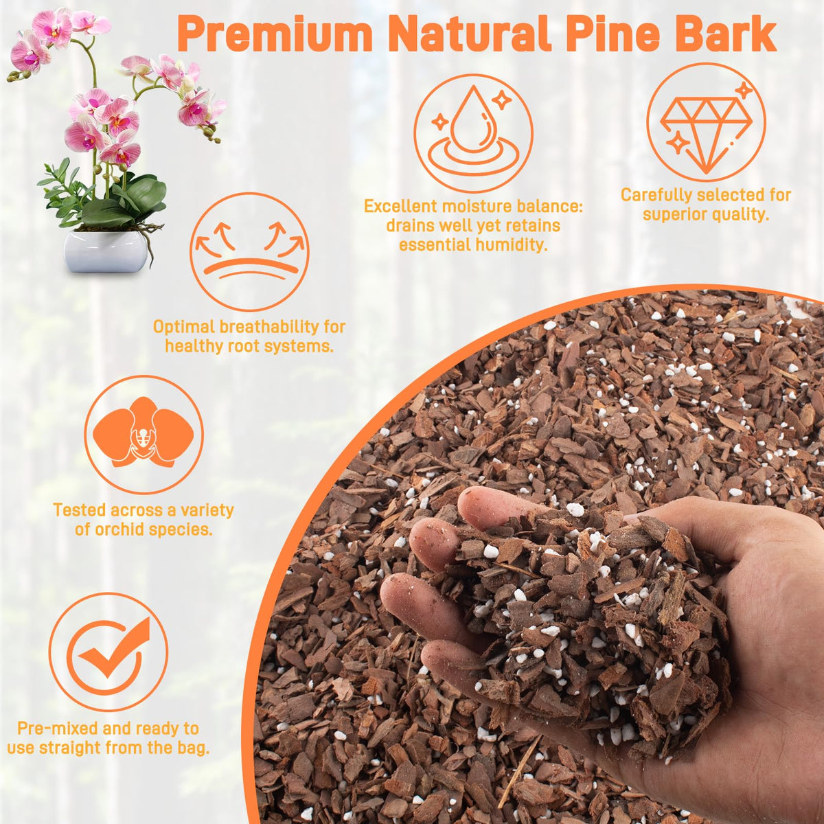 Mulctun orchid bark mix provides chemical-free growing medium for healthy roots.
