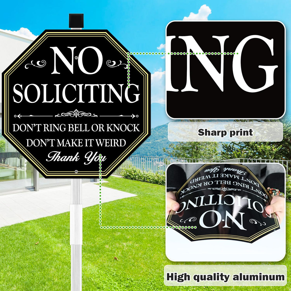 Sign installed in the front yard near the path for clear notice.