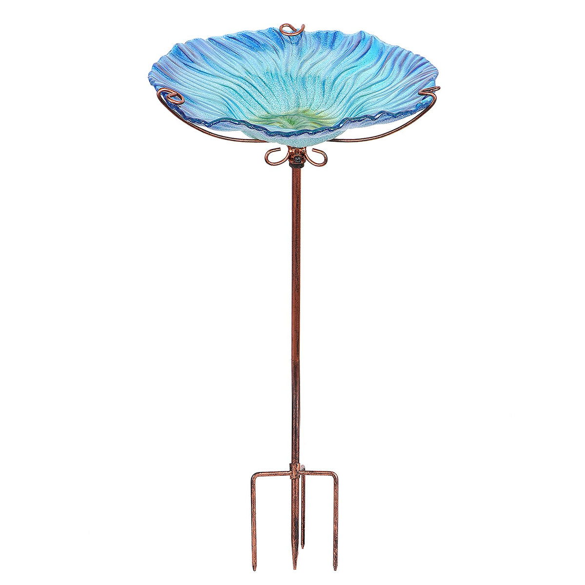 MUMTOP 26-inch glass birdbath with four-pronged base offers stable outdoor placement.