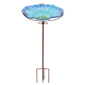 MUMTOP 26-inch glass birdbath with four-pronged base offers stable outdoor placement.