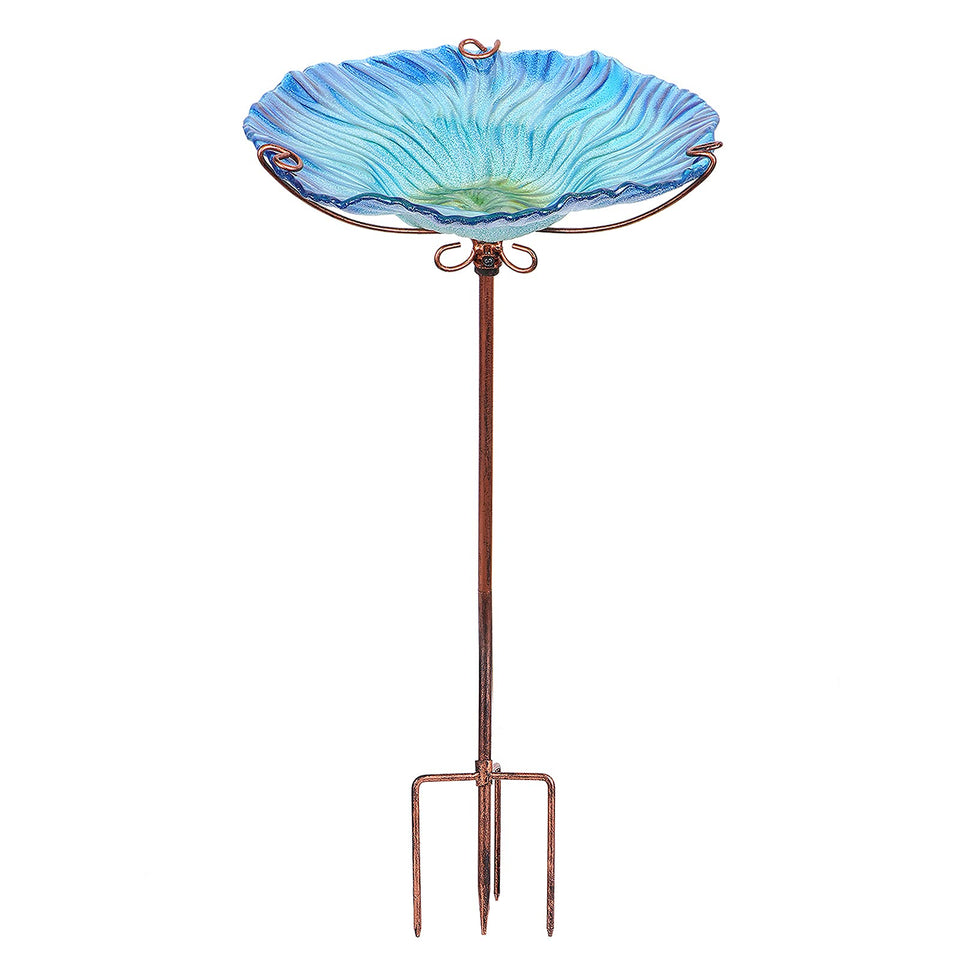 MUMTOP 26-inch glass birdbath with four-pronged base offers stable outdoor placement.