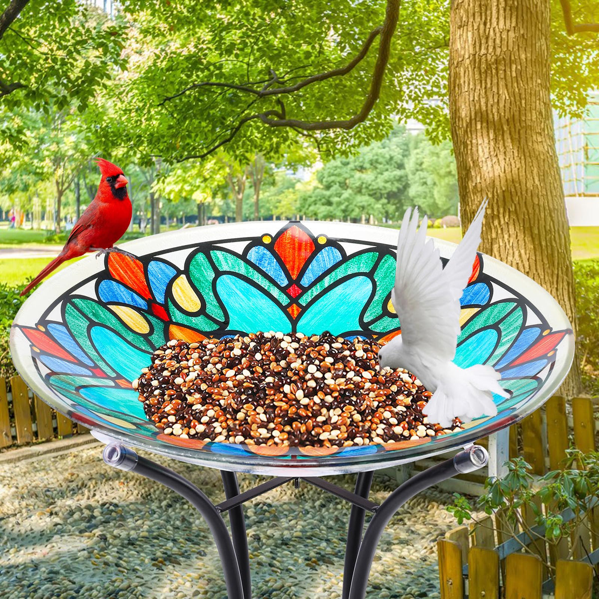 MUMTOP garden decor scene shows birds visiting the stylish lawn centerpiece.