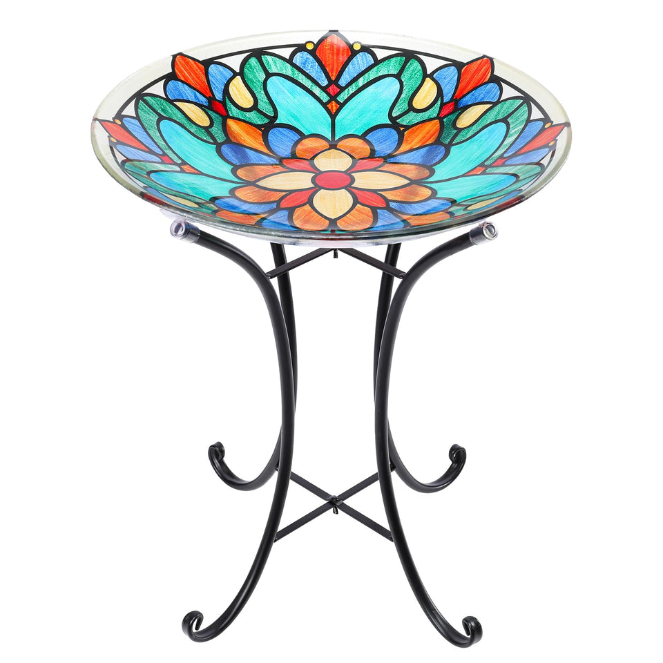 MUMTOP bird bath front view highlights glass bowl and metal stand, attracting garden birds.