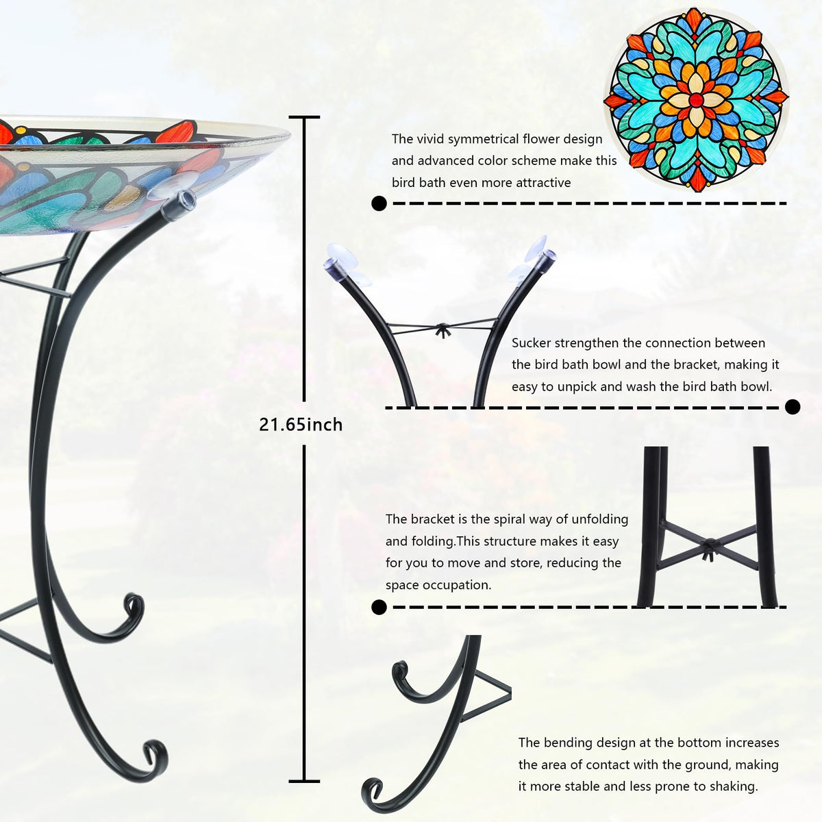 MUMTOP bird bath close-up shows hand-painted symmetrical patterns for decorative appeal.