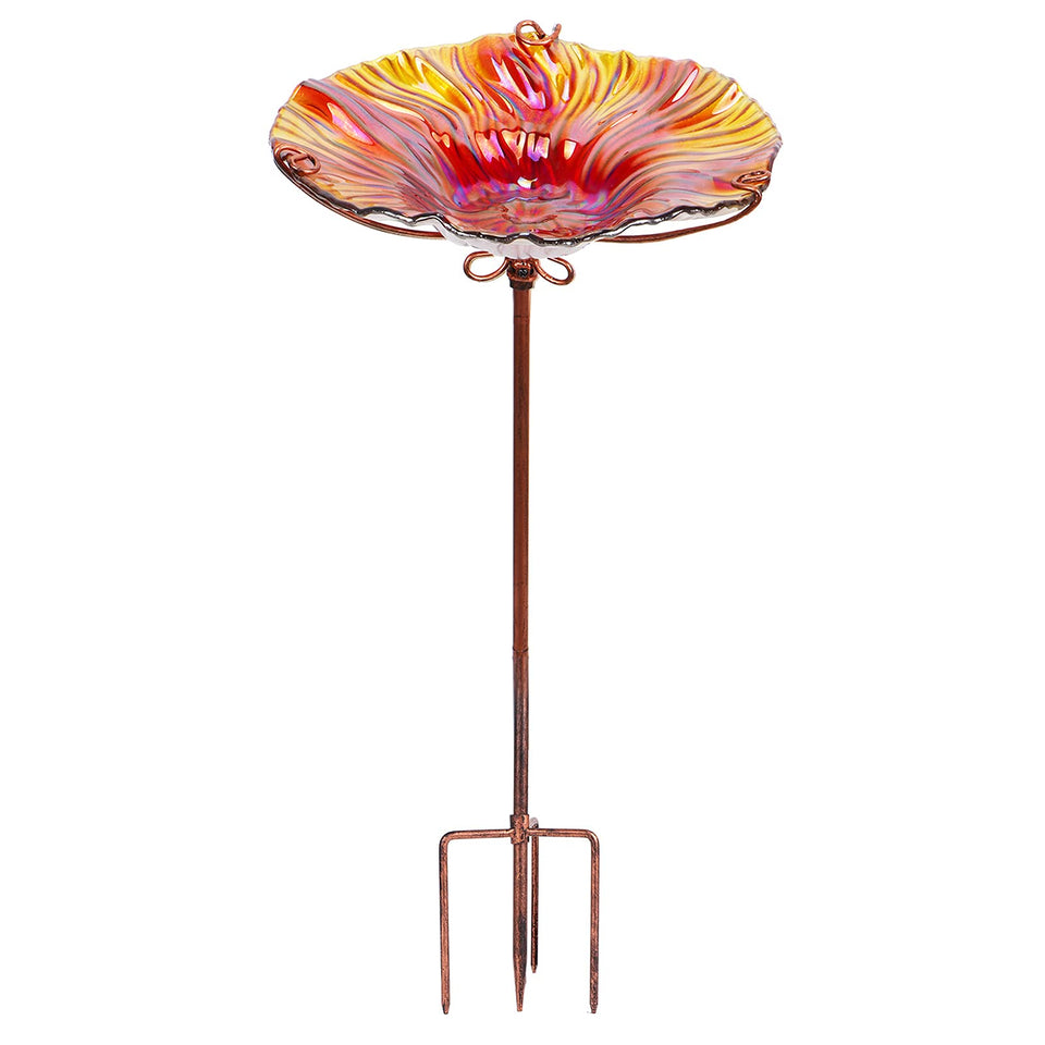 MUMTOP glass birdbath with four-pronged base for stability outdoors.