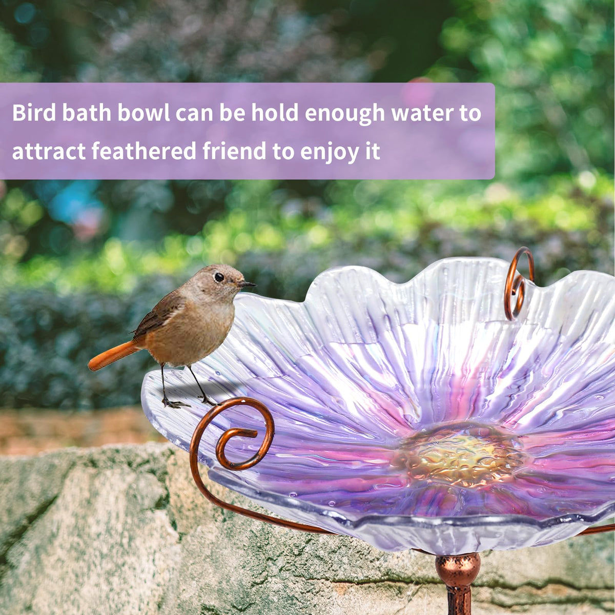 MUMTOP purple glass bowl with colorful pattern draws birds to the yard
