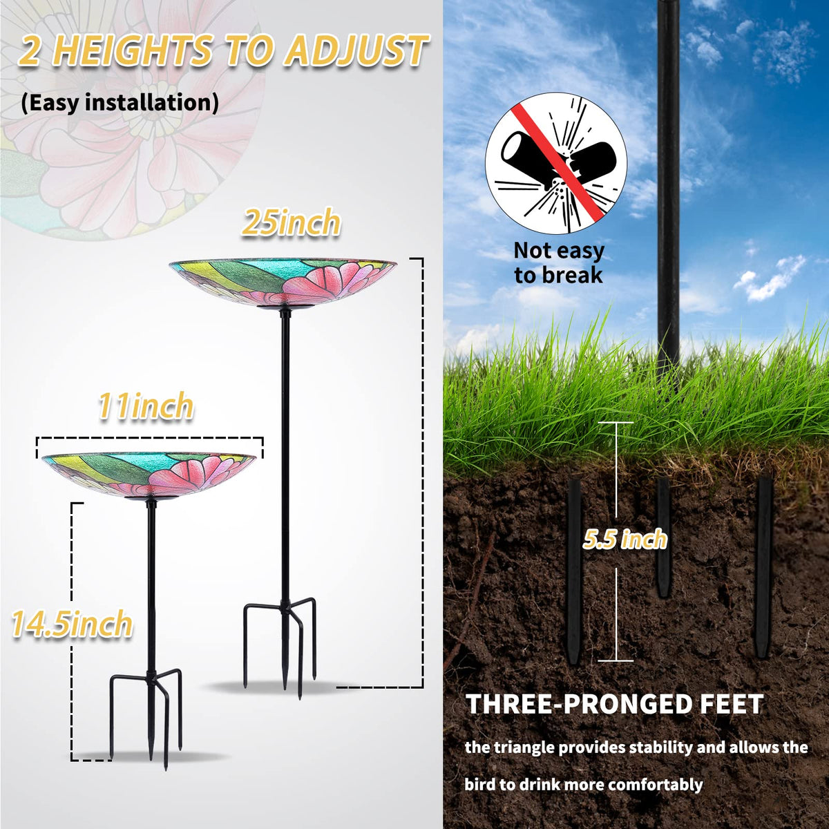 MUMTOP glass bird bath with flower pattern enhances garden decor and visibility