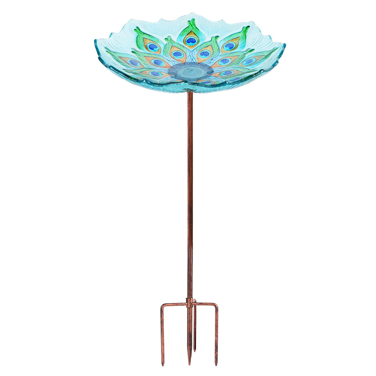 MUMTOP glass bird bath with peacock pattern base enhances outdoor stability.