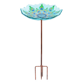 MUMTOP glass bird bath with peacock pattern base enhances outdoor stability.