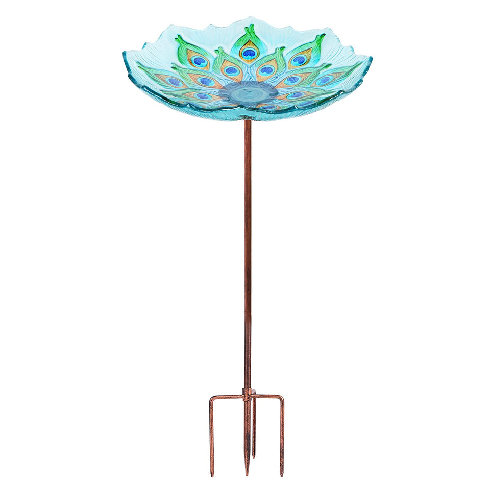 MUMTOP glass bird bath with peacock pattern base enhances outdoor stability.