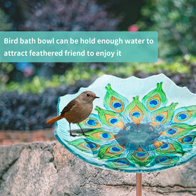 MUMTOP glass bird bath peacock pattern stake highlights the garden focal point.