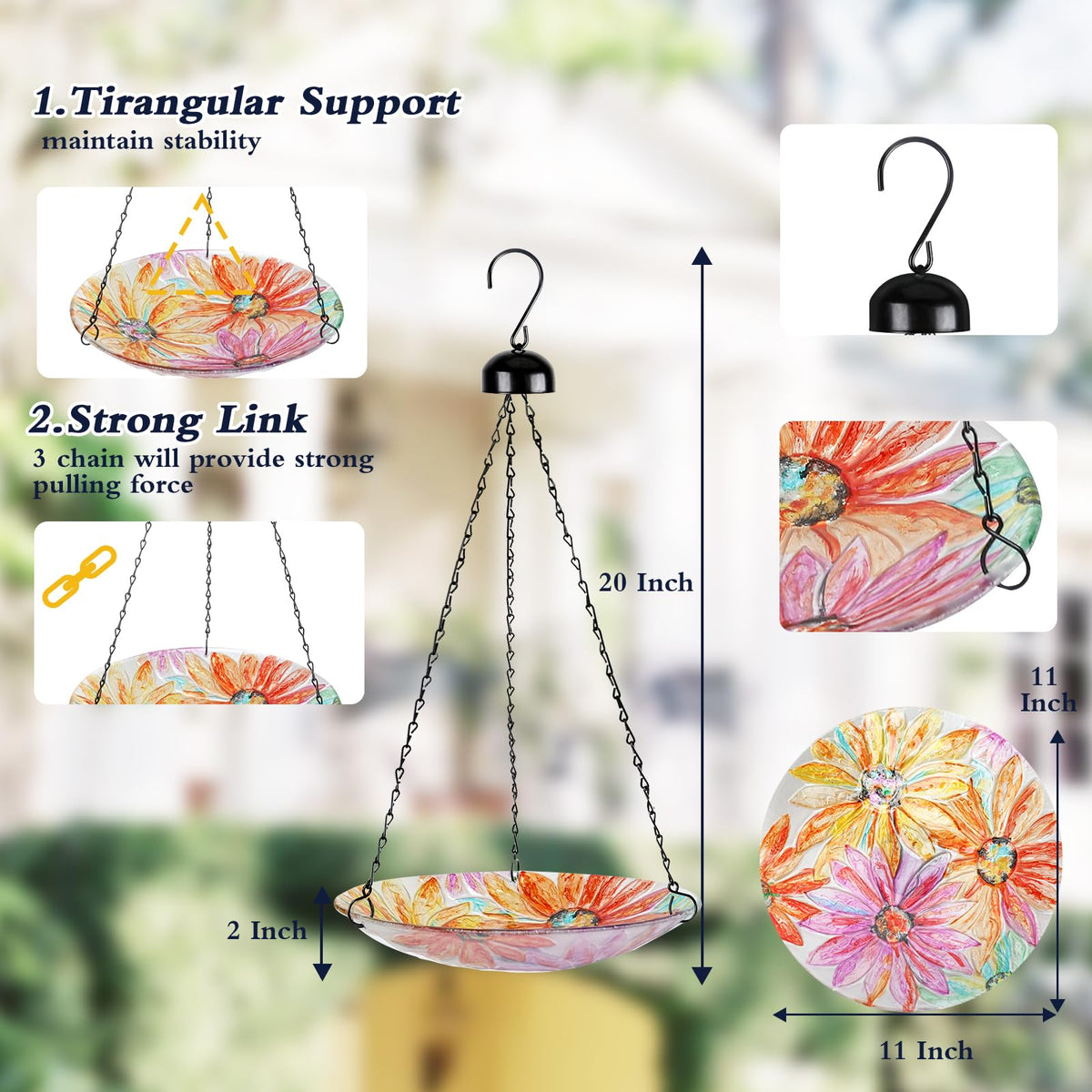 MUMTOP glass bird water bowl for outdoors with colorful daisy design