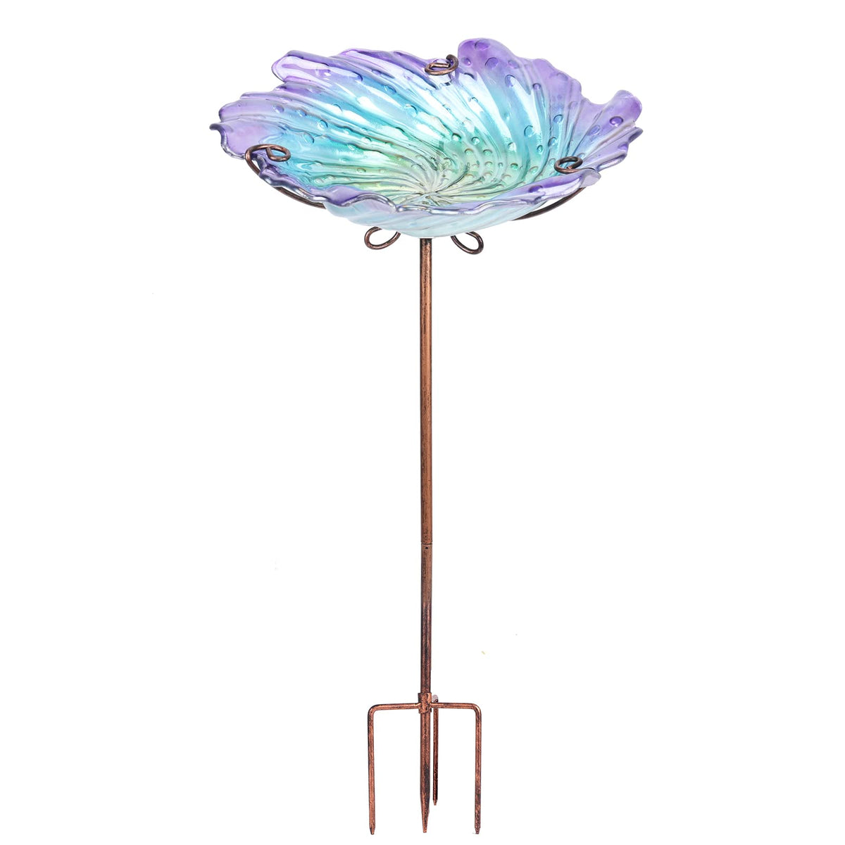 MUMTOP glass bird bath with purple bowl and stake for outdoor garden use.